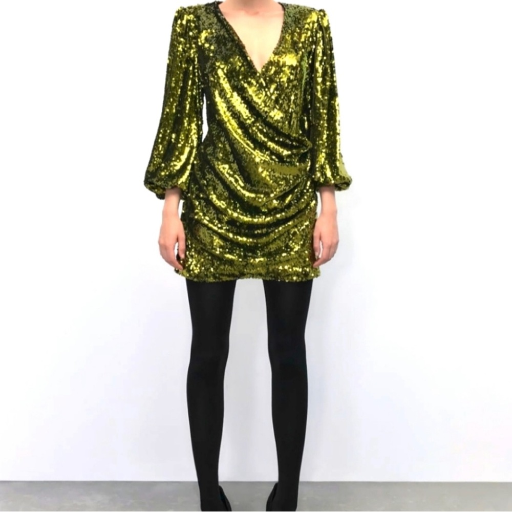 Zara green sequin faux wrap mini dress